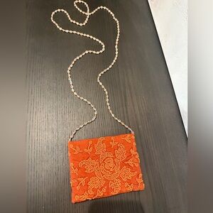 Vintage Silk Floral Beaded Mini MOYNA Bag Tone on Tone Orange Shoulder Crossbody
